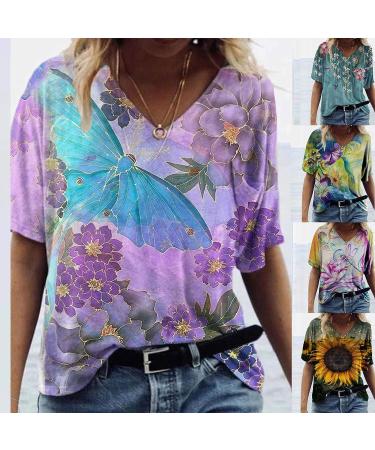 Women's Plus Size Floral Print V-Neck Tunic Top - Green XL | Short Sleeve Casual Loose Tee - Buy Online on SooperMarket.com