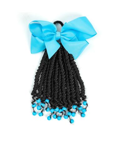 Kids Ponytail Extension With Beads Braids Hair Extension Detachable Synthetic Curly Hairpieces With Bows Protective Easy Hairstyle For Girls Toddlers Children Gift (Twist-6inch Blue)