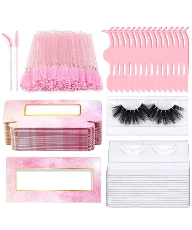 175 Pieces Lash Packaging Wholesale, Include 30 Empty Eyelashes Packaging Box, 30 False Lash Trays, 15 Eyelash Tweezers and 100 Eyelash Brush Mascara Wands Disposable (Pink)