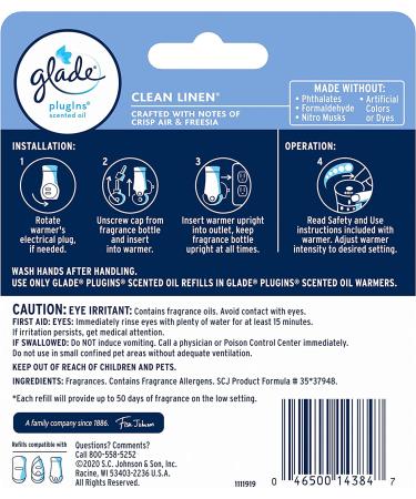 Glade PlugIns Clean Linen Scented Essential Oils Refills for Home & Bathroom - 1.34 Fl Oz (2 Count) - Buy Online on SooperMarket.com