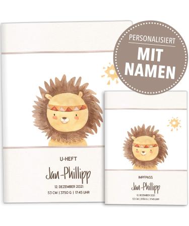 OLGS U-Book and Vaccination Pass covers Set Indian Friends Lion |Investigation booklet case & vaccination passport protective covers baby gift for birth with a name - vaccination pass uhefh lle personalized U -booklet set personalized lion