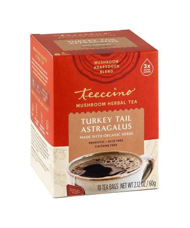Teeccino Mushroom Herbal Tea Turkey Tail Astragalus Caffeine Free 10 Tea Bags 2.12 oz (60 g)