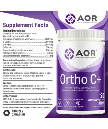 AOR Ortho C+ 240g Powder High-Potency Vitamin C Ascorbic Acid - Electrolyte Formula with Magnesium & Calcium Ascorbate Supports Skin & Blood Vessel Function Electrolyte Powder for Everyday Wellness - Buy Online on SooperMarket.com