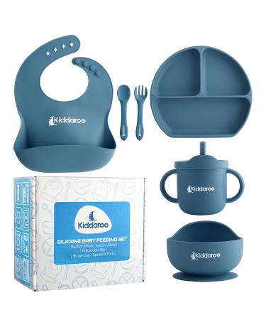 Kiddaroo Baby Weaning Set - Baby Feeding Set with Weaning Bib Sippy Cup Cutlery Baby Suction Plate and Suction Bowl - Weaning Set with eBook - Baby Essentials for Baby Led Weaning (Blue)