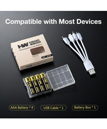 HW Rechargeable Li-ion AAA Battery - Fast Charge 1.5V 1000 Cycles USB Cable Included 4 Pack - Buy Online on SooperMarket.com