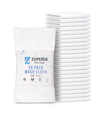 Zuperia 100% Cotton Luxury Bath Wash Cloths 24 Pack - Highly Absorbent Soft Washcloths for Face Gym Towels Hotel Spa Quality Reusable Multipurpose Towels 12 x 12 Inches (White) Pack of 24 White