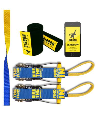 Gibbon Slacklines Flowline with treewear, Yellow/Blue, 82ft (74 ft line + 8ft Ratchet Strap with Reinforced Loop) 1" line, 2 x 2 Ratchet Straps of 2.5m Length, Tree and line Protection (Black Felt)