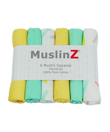 MuslinZ 6pk Baby Muslin Squares Burp Cloths Dribble Cloth Breastfeeding Cover 70x70cm 100% Pure Cotton Absorbent & Breathable (Confetti)