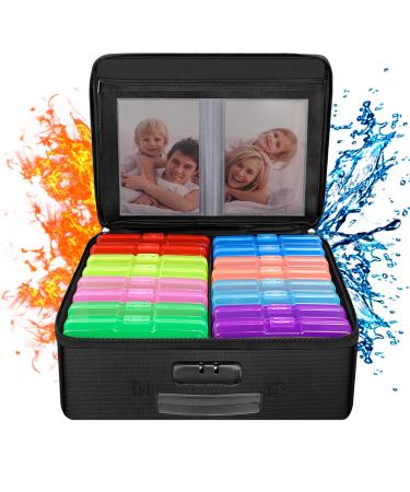 ENGPOW Fireproof Photo Storage Box with 16 Inner 4" x 6" Photo Cases(Multi-Colored) Photo Organizer Box with Lock Collapsible Portable Photo Storage Containers with Handle for Photos Picture Craft Box+16 Colored 4" x 6" Photo Case