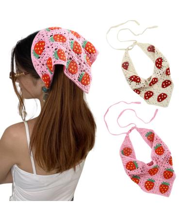 AWAYTR Crochet Bandana Head Kerchief Hair Scarf 2Pcs Knitted Hair Scarves Crochet Hair Kerchief Tie Bcak Headwrap Floral Hair Bandanas for Women Girls Scarf (Strawberry Mushroom (pink+beige))