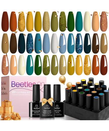 Beetles 20Pcs Glamping Trip Emerald Green Orange Brown Blue Golden Holiday Winter Gel Nail Polish Kit with Base Gel Top Coat Gift Gel Nail Polish Set Soak off UV DIY Manicure Christmas