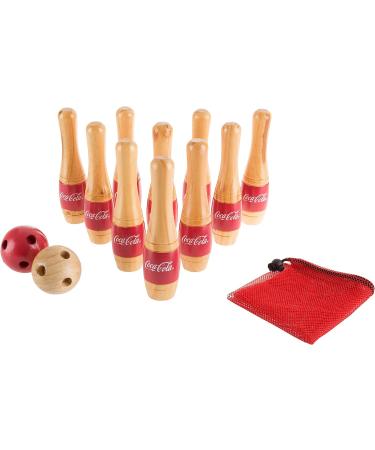 Hey!Play! Coca-Cola Lawn Bowling Game/Skittle Ball Set - Indoor and Outdoor Fun for All Ages - 10 Wooden Pins, 2 Balls, and Mesh Bag - 8-Inch - Buy Online on SooperMarket.com