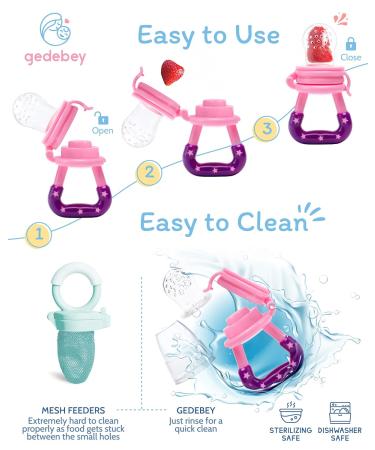 Gedebey Baby Fruit Feeder Pacifier Set - 3 Pack | Silicone Pacifiers & Feeding Spoon Combo | Frozen Fruit Teether & Forage Feeder | Pink Baby Food Accessories - Buy Online on SooperMarket.com