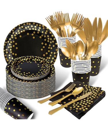175PCS Black and Gold Party Supplies, Severs 25 Disposable Party Dinnerware, Gold Plastic Forks Knives Spoons and Golden Dot Black Paper Plates, Black Napkins Cups for Graduation, Birthday, Wedding