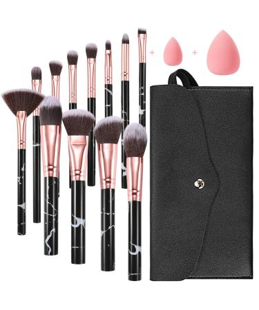 Makeup Brushes Start Makers 12Pcs Marble Make up Brushes Professional Makeup Brush Set Foundation Concealer Blush Eyeshadow Brush Set with Beauty Blender and Makeup Pouch (Black)