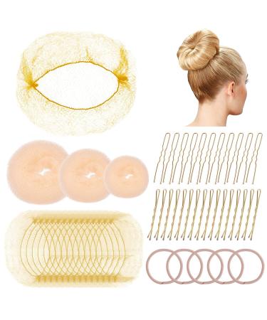 Gold Easy Hair Styling Tools 68PCS Hair Bun Net Include Ballet Hair Nets Hair Doughnut U Shaped Hair Pins Bobby Pins and Hair Bands Hair Bun Maker Bun Rings for Women Girls Hair Accessories