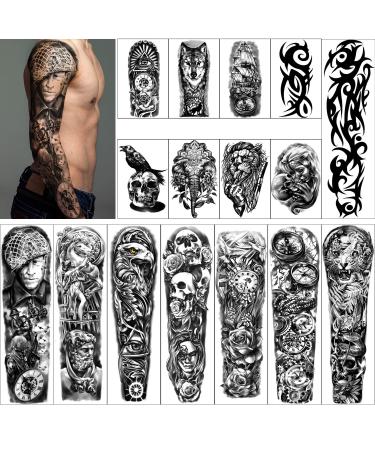 Full Arm Temporary Tattoos 8 Sheets and Half Arm Shoulder Waterproof Tattoos 8 Sheets, Extra Large Tattoo Stickers for Men and Women (22.83"X7.1")