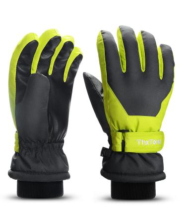 Thxtom's children ski gloves |Winter Snow ski gloves -15 |PU palm windproof waterproof warm fleece |Sports snowboard skiing bike gloves |Young and girls for 4-13 years old S (11-14 years old) green