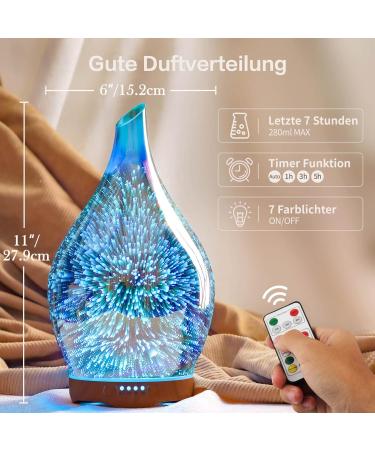 Porseme 280ml Aroma Diffuser with Remote Control | Hand Blown 3D Fireworks Humidifier | Quiet Ultrasonic with 7 LED Colors | Automatic Power-Off & Timer | Perfect for Apartments & Yoga - Buy Online on SooperMarket.com