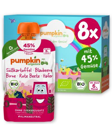 Pumpkin Organics Bio Vegetable Cereal Quets 8 Pack sweet potato blueberry pear beetroot oats without added sugar - baby food for babies from the 6th month - Vegetarian (8x100g)