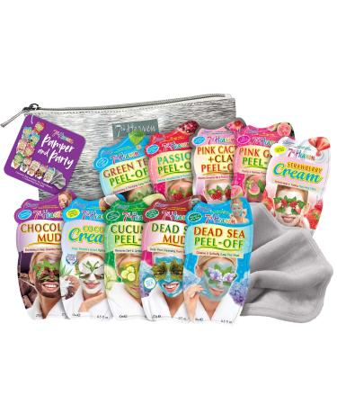 7th Heaven Pamper & Party Skincare Set - 10 x Face Masks Silver Make Up Bag & Cleansing Face Cloth - Gift Set Mix of Peel Off Masks & Cream Face Masks