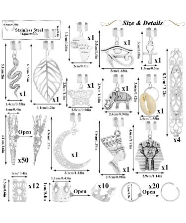 Dreadlocks Locs Jewelry Set - 107 Pieces Stainless Steel Clips & Charms for African Braids, Adjustable Hair Cuffs - Butterfly, Shell, Leaf, Snake, Moon, Cross - Silver Dreadlock Accessories - Buy Online on SooperMarket.com