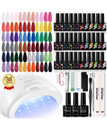 Morovan Gel Nail Polish Kit with UV Light - 36 Colors Pure & Glitter Soak Off Gel Nail Kit Large Capacity Gel Nail Polish Set wih 48W Nail Lamp Base & Matte Glossy Top Coat Tools Manicure Starter Kit Gifts for Women Purp...