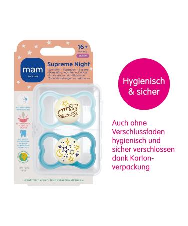 Mam Supreme Night Pacifiers 2 Set | Bright Baby Soothers for Dental Health | Skin-Friendly | Includes Pacifier Box | 16+ Months | Tiger/Universe Design - Buy Online on SooperMarket.com