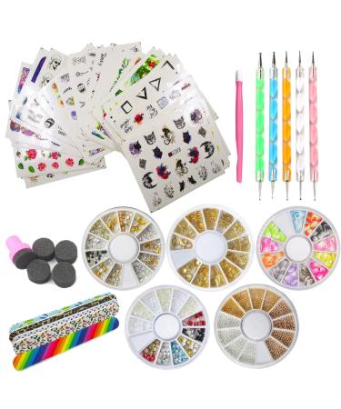 Nail Art Tools Decorations Kit 48 Sheet Water Transfer Nail Sticker Decals, 5 Nail Rhinestones Bead Gold Metal Studs, 5 Nail File Buffer,5 Nail Dotting Pen for Manicure DIY Fingernails Designs Multicolor