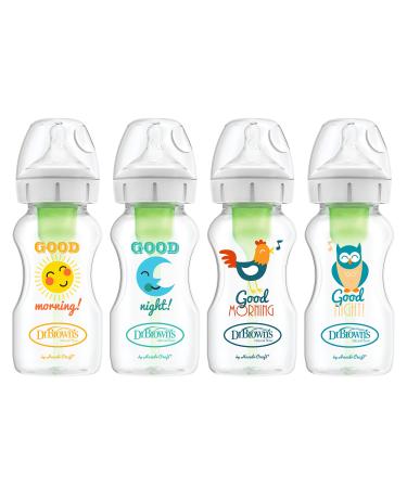 Dr. Brown s Natural Flow Anti-Colic Options+ Wide Baby Bottles 9 oz/270ml with Level 1 Slow Flow Nipple 4 Pack Good Morning/Good Night Gift Set