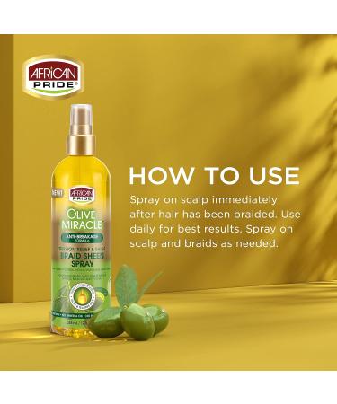 African Pride Olive Miracle Braid Sheen Spray (3 Pack) with tea tree oil and olive oil to protect and moisturize scalp and hair.12oz. 12 Fl Oz (Pack of 3) - Buy Online on SooperMarket.com