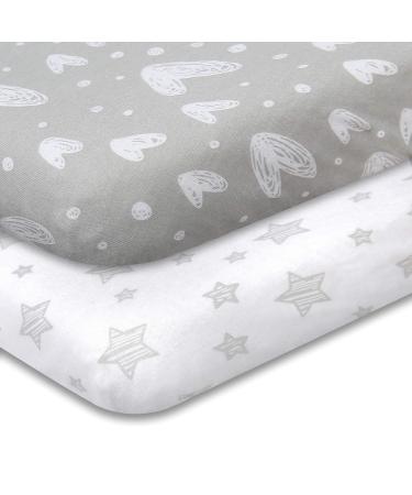 Pack n Play Fitted Sheet, Soft Jersey Cotton Portable Playard Sheets, 2 Pack Mini Crib Sheets, Unisex, Preshrunk playard/pack n play/mini crib White & Grey