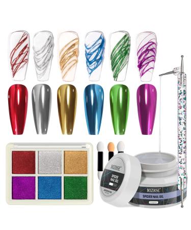 MIZHSE Clear Spider Gel With 6 Colors Chrome Nail Powder Metallic Mirror Effect Nail Art Paint Wire Drawing Nail Spider Gel For Nail Art Home DIY Manicure Set