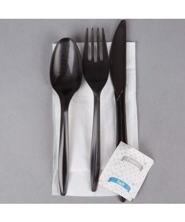 50 Plastic Cutlery Packets - Disposable Utensil Sets with Napkin, Salt & Pepper | Black Plastic Silverware Kits Individually Wrapped - Bulk Pack - Buy Online on SooperMarket.com