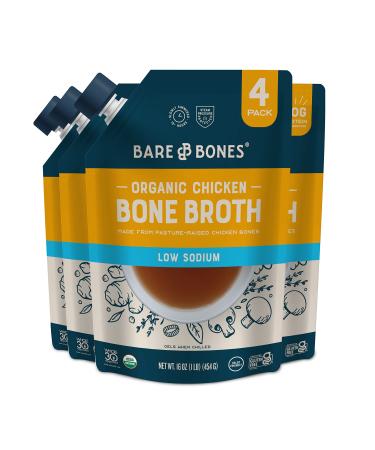 Bare Bones Low Sodium Chicken Bone Broth for Cooking and Sipping 16 oz Pack of 4 Organic Protein and Collagen Rich Keto Friendly Less than 125mg of Sodium Per Cup Chicken - Low Sodium 1 Pound (Pack of 4)