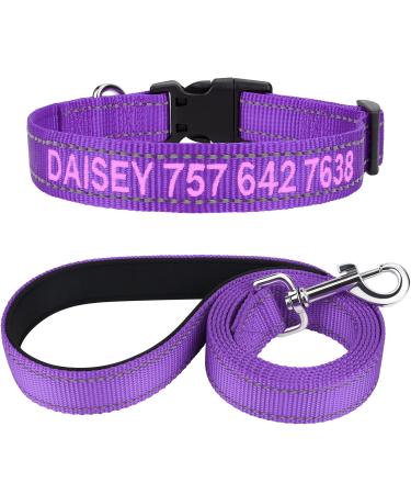 Tagme dog collar and leash personalizing reflective dog collar with 1.5m double -sided reflective dog leash for small purple XS (1 Pack) purple set