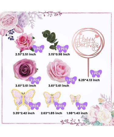 19 PCS Flower Cake Toppers | Butterfly Cake Decorations | Happy Birthday Toppers with Artificial Roses and Eucalyptus | Wedding Baby Shower Supplies (Purple) - Buy Online on SooperMarket.com