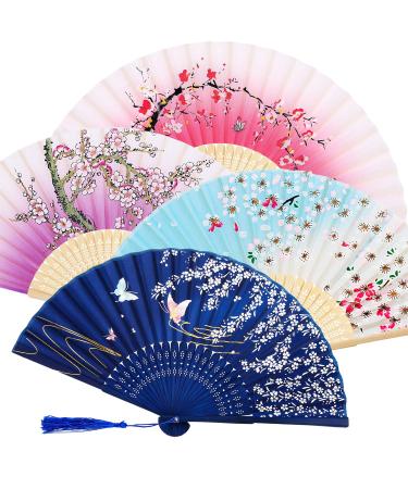 4 Pieces Folding Fans Handheld Fans Bamboo Fans with Tassel Women's Hollowed Bamboo Hand Holding Fans for Wall Decoration Gifts (Purple Dark Blue Pink and Sky Blue) Dark Blue Pink Purple Sky Blue
