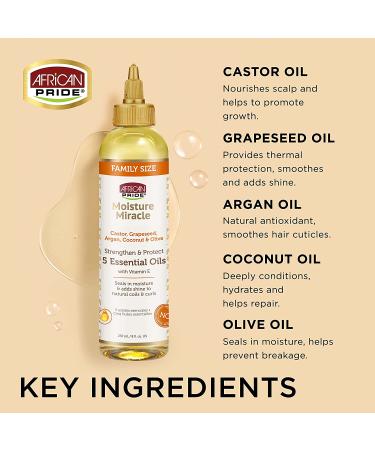 African Pride Moisture Miracle 5 Essential Oils - Castor, Grapeseed, Argan, Coconut & Olive Oil - 8 oz - Seals in Moisture, Adds Shine - With Vitamin E - Buy Online on SooperMarket.com