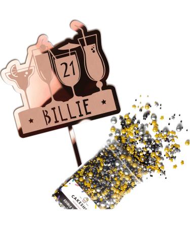 Cakeshop Cake Decoration Pack | Birthday Cocktails Premium 3mm Mirror Acrylic Plastic Cake Topper Sign & 25g Party Pack of Cake Sugar Sprinkles | Custom Name & Age Cake Decoration (Rose Gold) Non-Prime Mirror Acrylic: Rose Gold