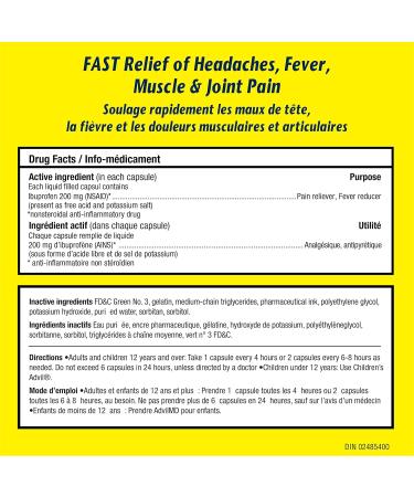Advil Regular Strength Ibuprofen Pain Relief Mini-Gels Capsules Fast Acting Pain Relief for Migraine Back Neck Joint and Muscle Relief 200mg (70 capsules) - Buy Online on SooperMarket.com