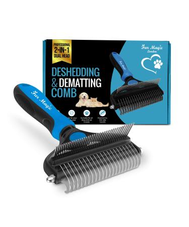 Fur Magic Deshedding and Dematting Comb Double Sided Undercoat Rake Pet Grooming Brush Removing Mats Knots & Tangles for Dogs and Cats with Long and Medium Hair Blue L Blue