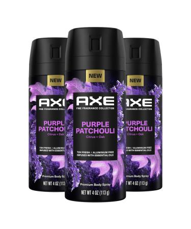 AXE Fine Fragrance Collection Premium Body Spray Purple Patchouli with Citrus + Oak Essential Oils 3 Count with 72H Odor Protection Aluminum-Free 4 oz