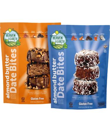 Heaven & Earth Gluten Free Chocolate Covered Almond Butter Date Bite Truffles, 5.25oz (2 Pack Variety), All Natural, Individually Wrapped Date Snacks, Kosher for Passover