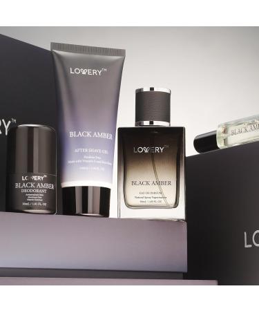Mens Valentines Gifts Black Amber Mens Perfume 4 in 1 Deodorant & Cologne Gift Set - 4pc Mens Cologne Set - Parfum Antiperspirant Deodorant Stick Aftershave Gel Masculine Birthday Perfumes for Men - Buy Online on SooperMarket.com