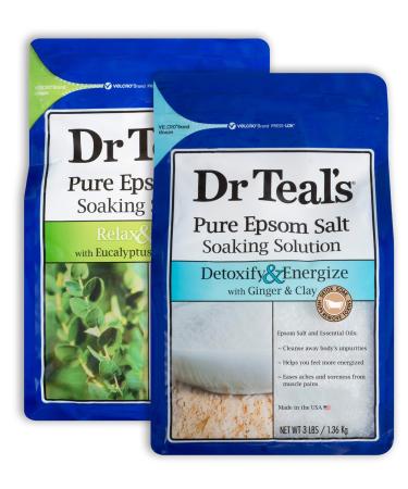Dr Teal's Epsom Salt Bath Combo Pack (6 lbs Total) Relax & Relief with Eucalyptus & Spearmint and Detoxify & Energize with Ginger & Clay