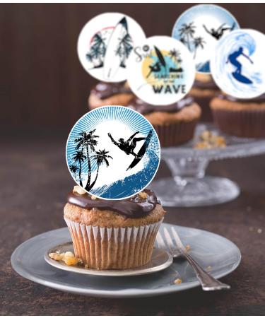 24 x Pre-Cut Surfing 7 Edible Stand up Wafer/Rice Paper Cupcake Cake Toppers Birthday Party Beach Holiday Surfboard Ocean Water Sport Decorations
