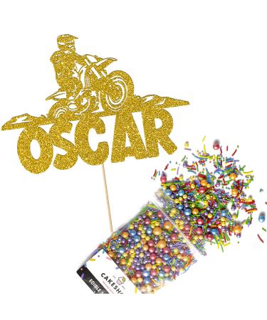 Cakeshop Cake Decoration Pack | Motorcross Dirtbike Theme Premium Double Sided Glitter Card Cake Topper & 25g Party Pack of Cake Sugar Sprinkles | Custom Name Cake Decorations (Gold) Prime Glitter Card: Gold