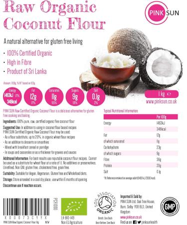 PINK SUN Raw Organic Coconut Flour - Gluten Free Baking Flour for High Fiber Bread Making - 1kg Pack (2kg, 3kg, 5kg Available) - Vegan & Non-GMO - Buy Online on SooperMarket.com