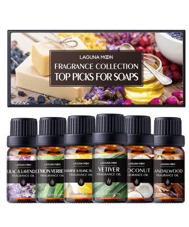 Fragrance Oils Collection - 6pc Gift Set for DIY Candle Making, Soap Scents, Diffusers - Sandalwood, Lilac & Lavender, Lemon Verbena, Jasmine & Ylang Ylang, Vetiver, Coconut - Top Picks for Soap 6-Pack | Soap Picks Organic…